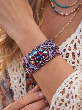 Handmade Boho Beaded Bracelet | Purple Multicolor Crystal Woven Cuff